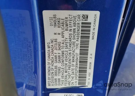 2022 Honda Civic Sport из США, поврежденный, VIN 2HGFE2F5XNH564107